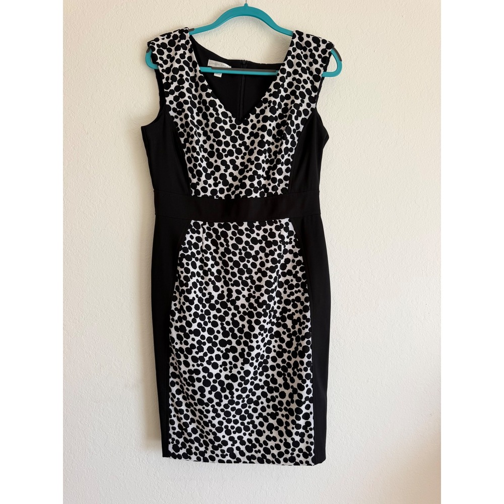 London Times Polka Dot Colorblock Sheath Dress Black White V-Neck Size 12